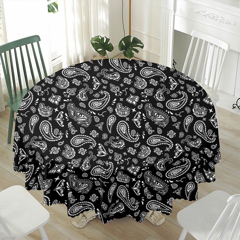 Black Paisley Bandana Pattern Print Waterproof Round Tablecloth