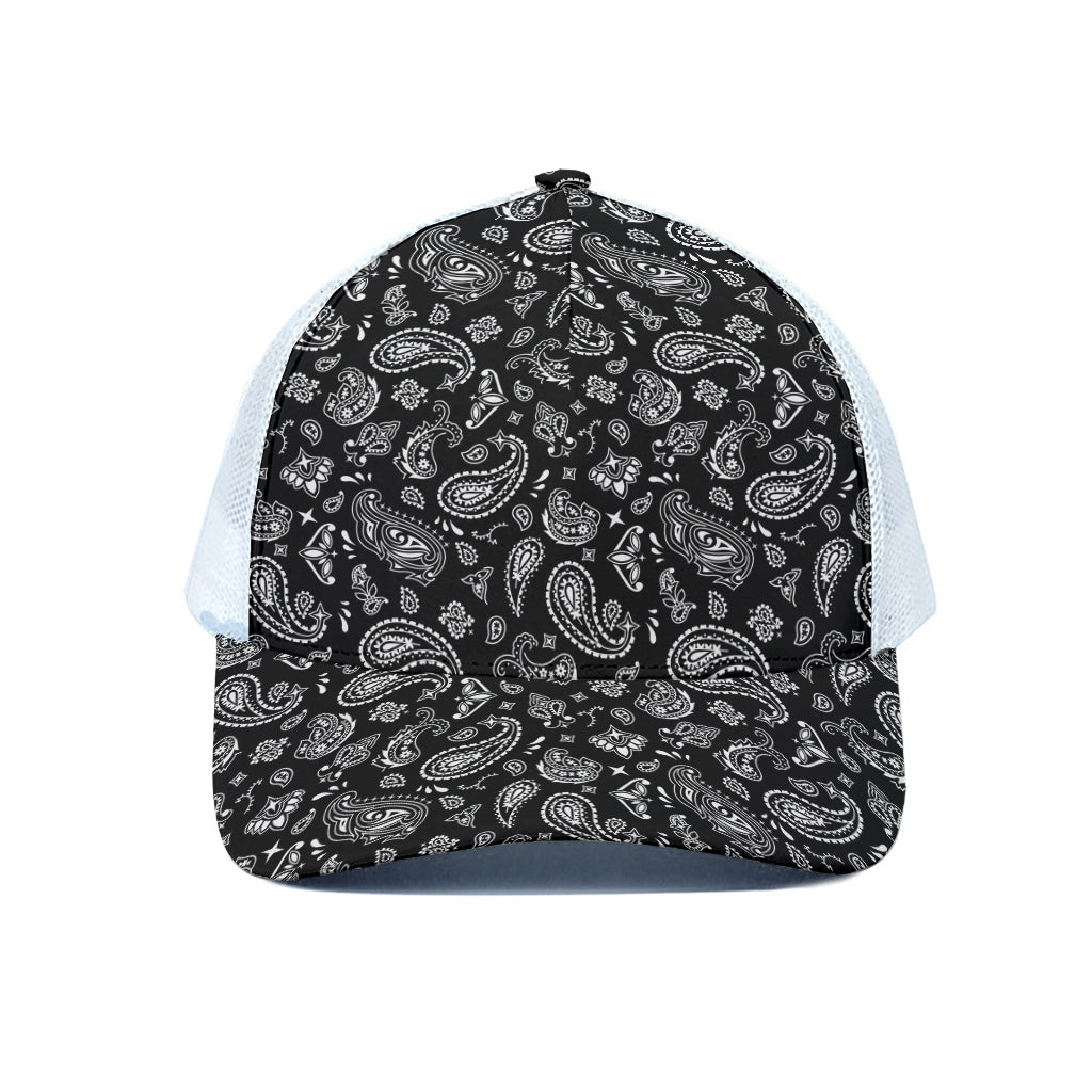 Black Paisley Bandana Pattern Print White Mesh Trucker Cap