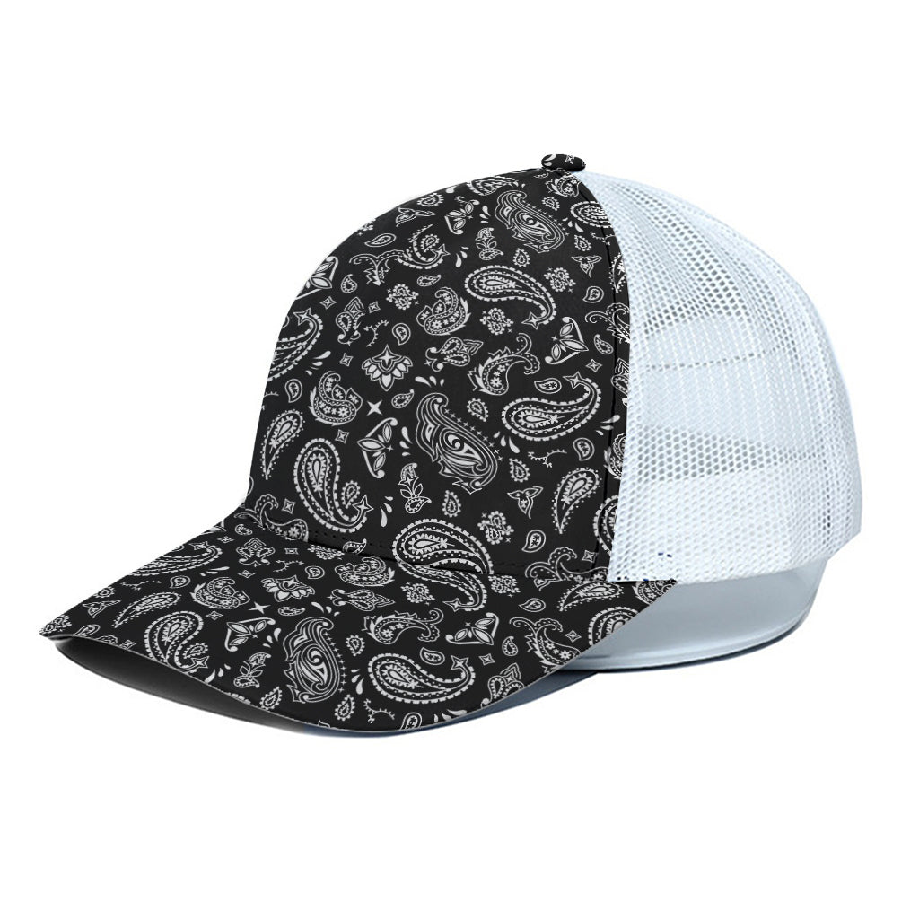 Black Paisley Bandana Pattern Print White Mesh Trucker Cap
