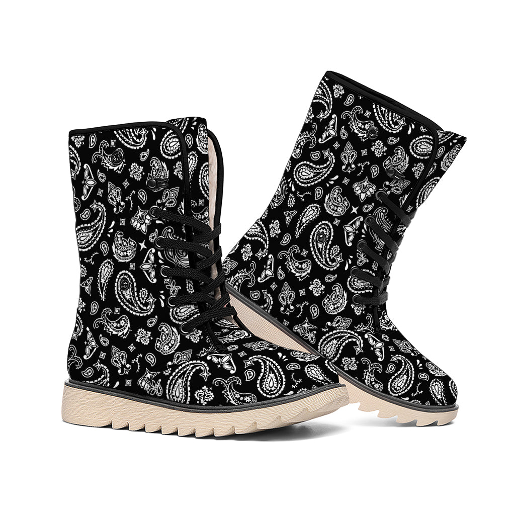Black Paisley Bandana Pattern Print Winter Boots