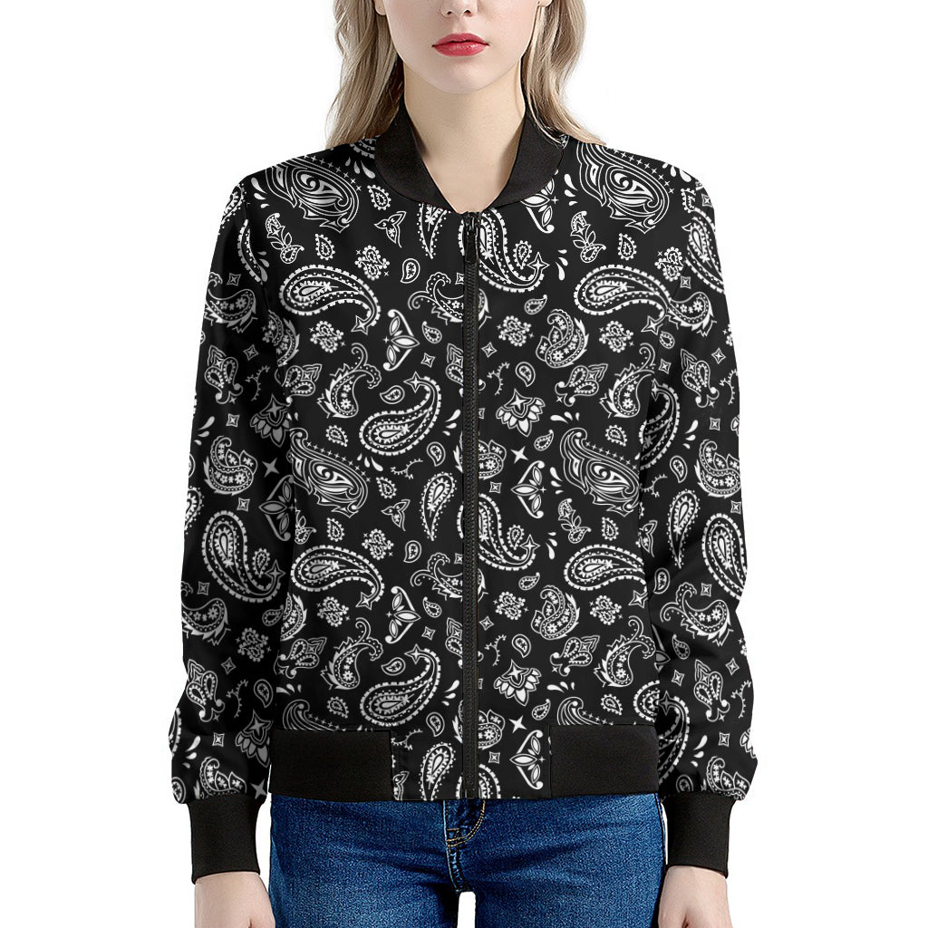 Black Paisley Bandana Pattern Print Women's Bomber Jacket