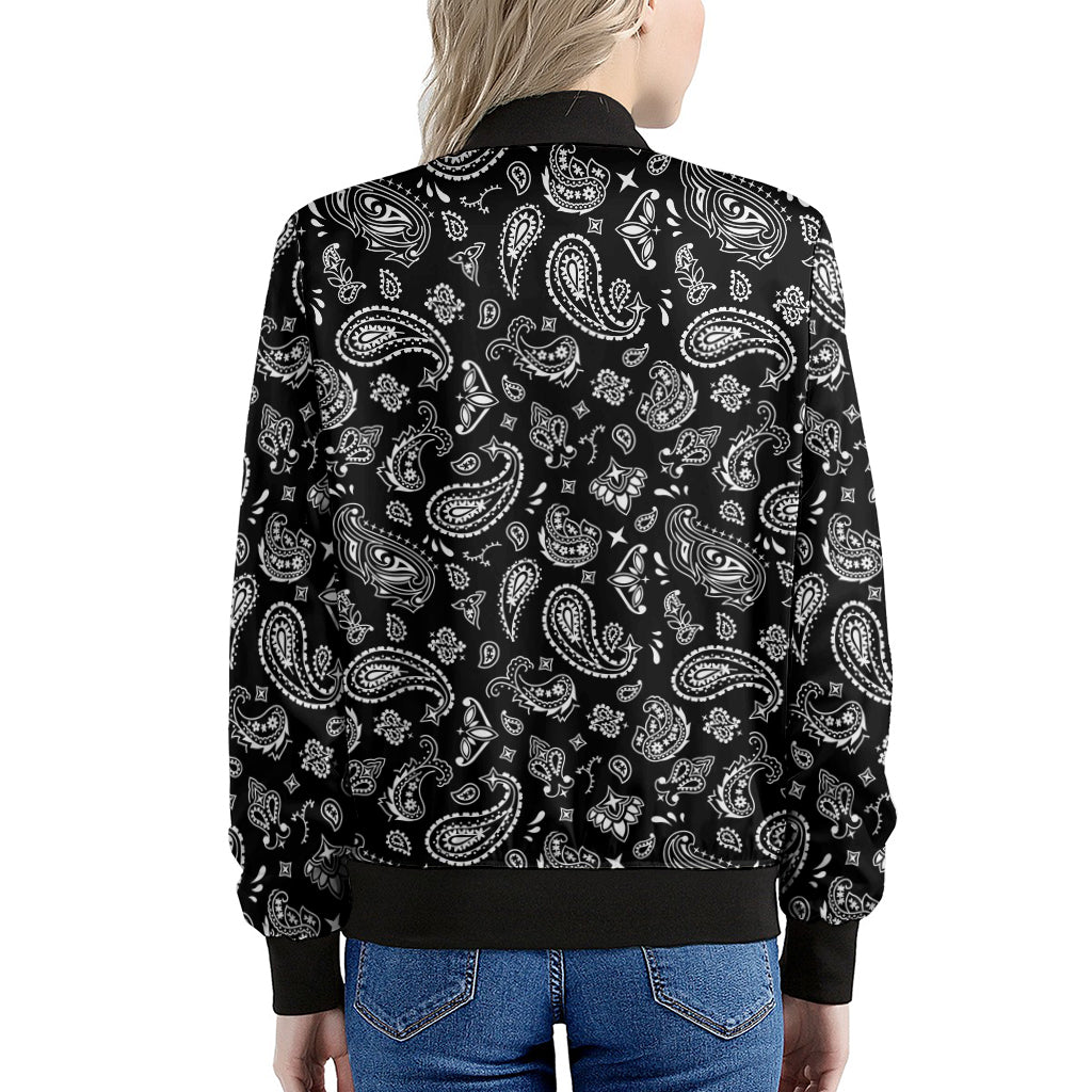 Black Paisley Bandana Pattern Print Women's Bomber Jacket
