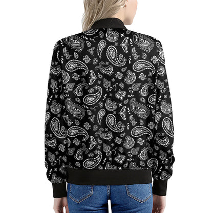 Black Paisley Bandana Pattern Print Women's Bomber Jacket