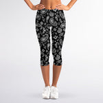 Black Paisley Bandana Pattern Print Women's Capri Leggings