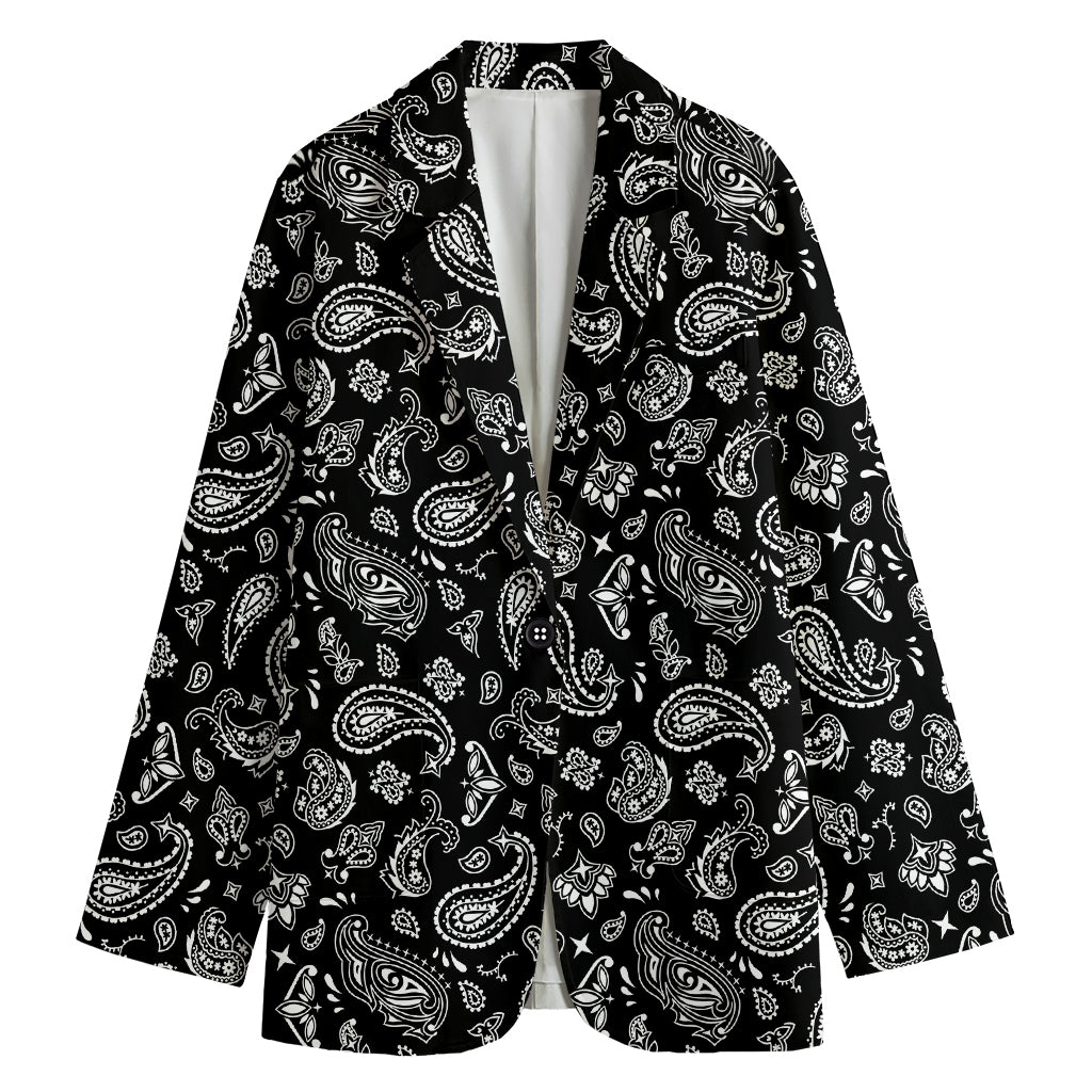 Black Paisley Bandana Pattern Print Women's Cotton Blazer