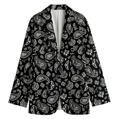Black Paisley Bandana Pattern Print Women's Cotton Blazer