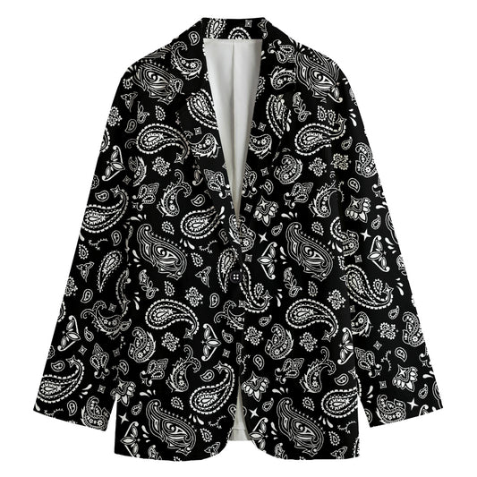 Black Paisley Bandana Pattern Print Women's Cotton Blazer