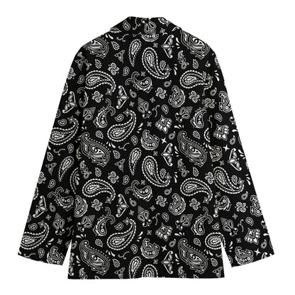 Black Paisley Bandana Pattern Print Women's Cotton Blazer