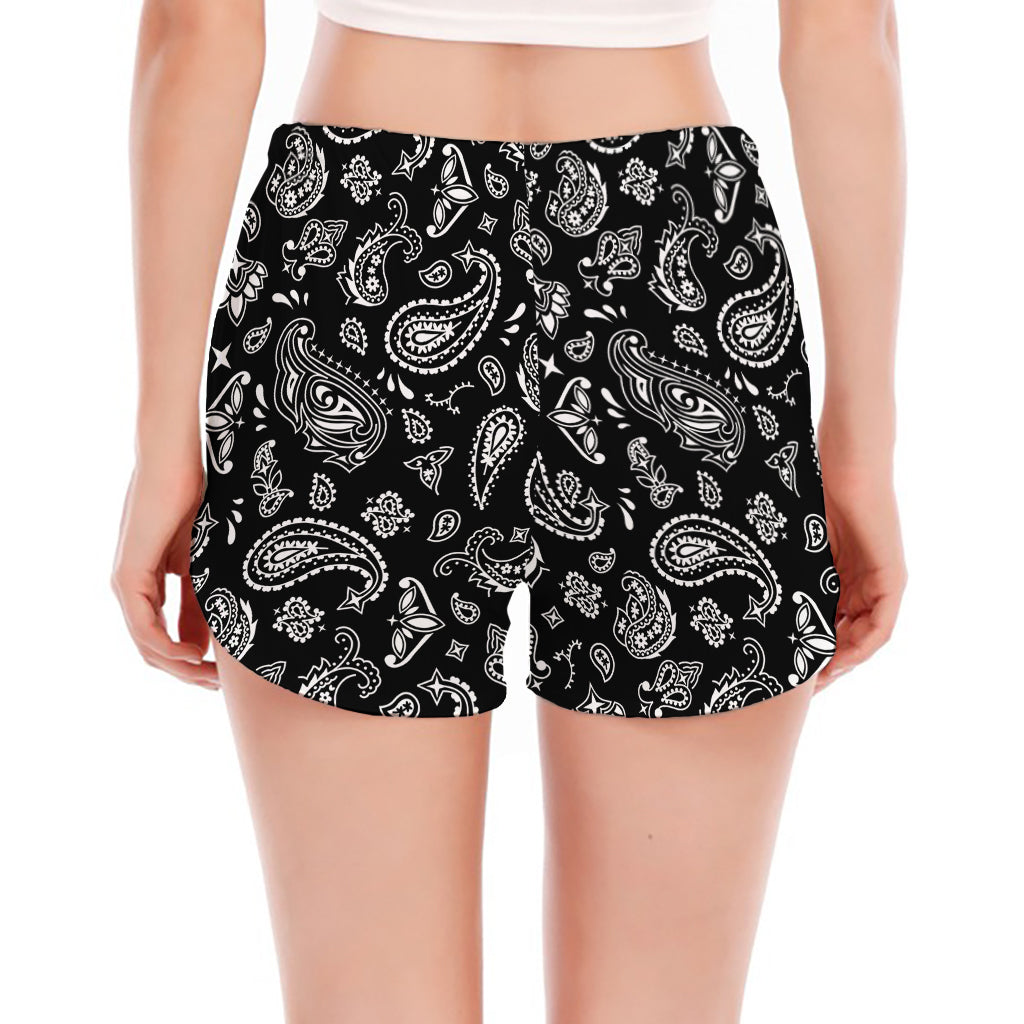 Black Paisley Bandana Pattern Print Women's Split Running Shorts