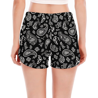 Black Paisley Bandana Pattern Print Women's Split Running Shorts