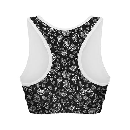 Black Paisley Bandana Pattern Print Women's Sports Bra