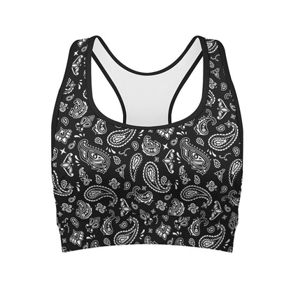 Black Paisley Bandana Pattern Print Women's Sports Bra