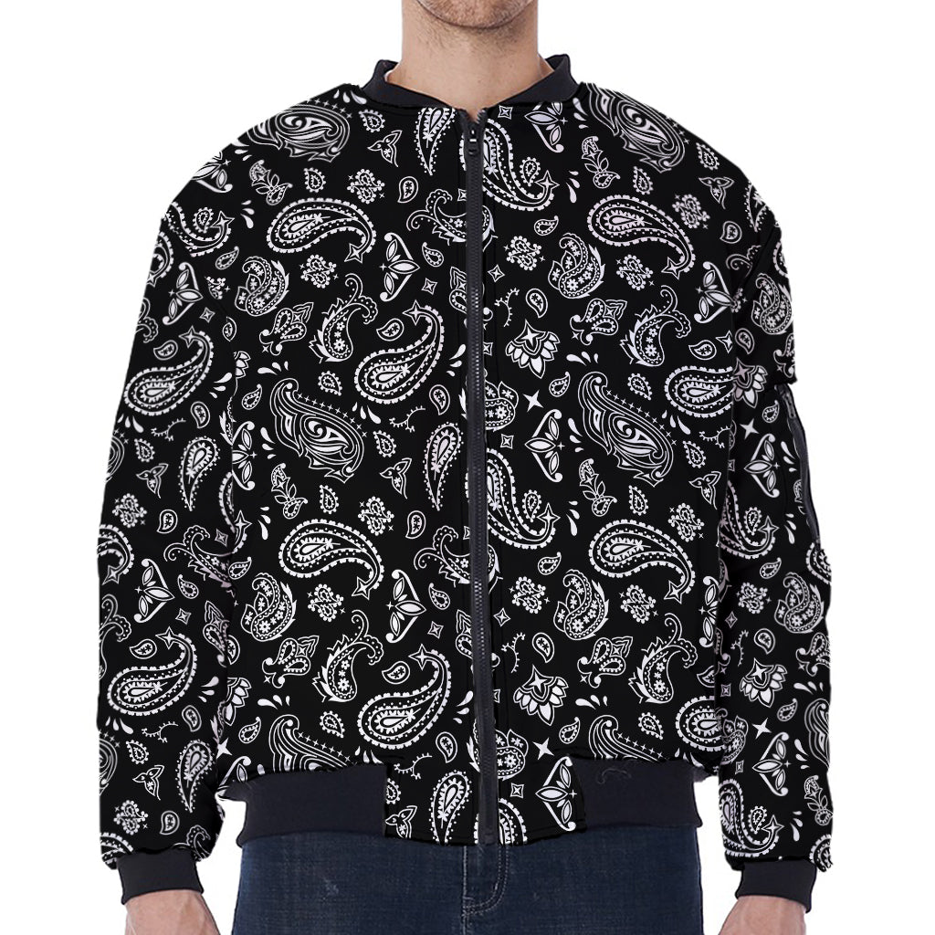 Black Paisley Bandana Pattern Print Zip Sleeve Bomber Jacket