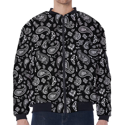 Black Paisley Bandana Pattern Print Zip Sleeve Bomber Jacket