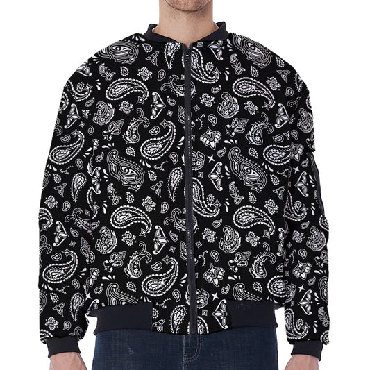 Black Paisley Bandana Pattern Print Zip Sleeve Bomber Jacket