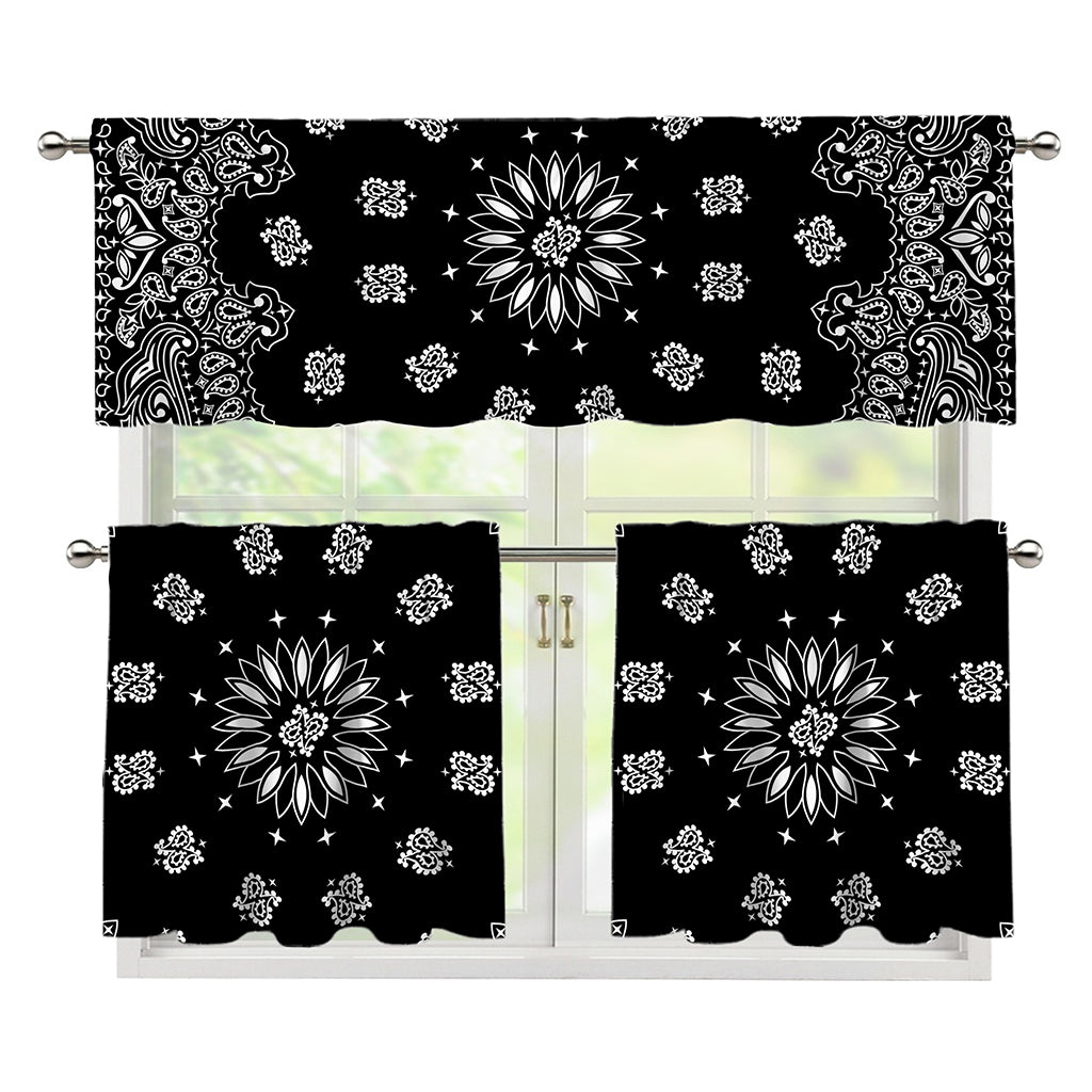 Black Paisley Bandana Print 3 Piece Kitchen Curtains