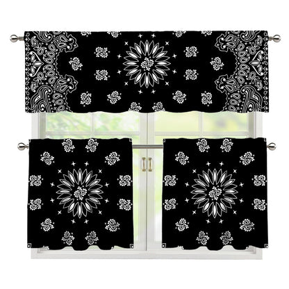 Black Paisley Bandana Print 3 Piece Kitchen Curtains