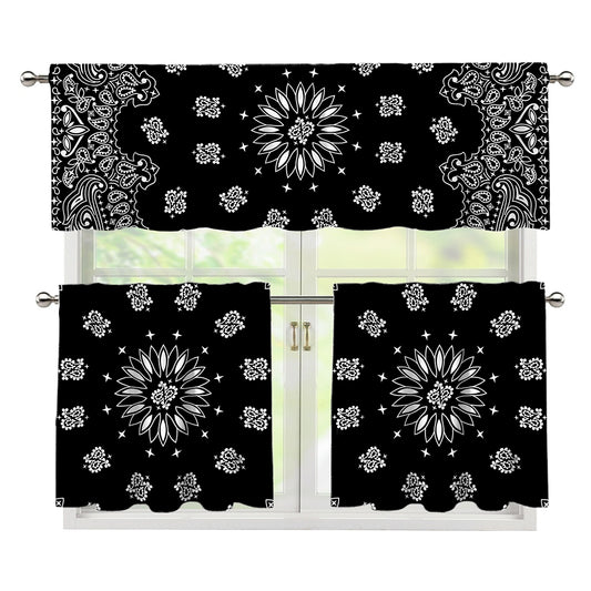 Black Paisley Bandana Print 3 Piece Kitchen Curtains