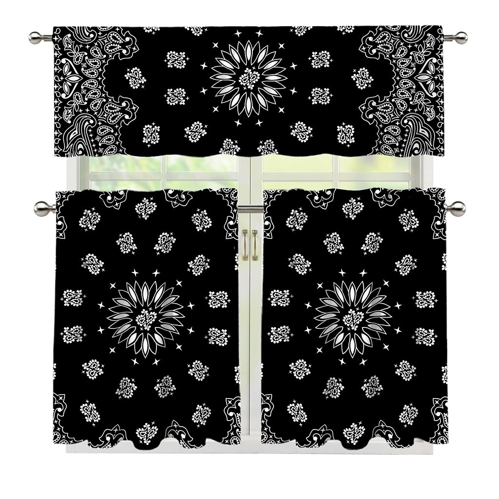 Black Paisley Bandana Print 3 Piece Kitchen Curtains