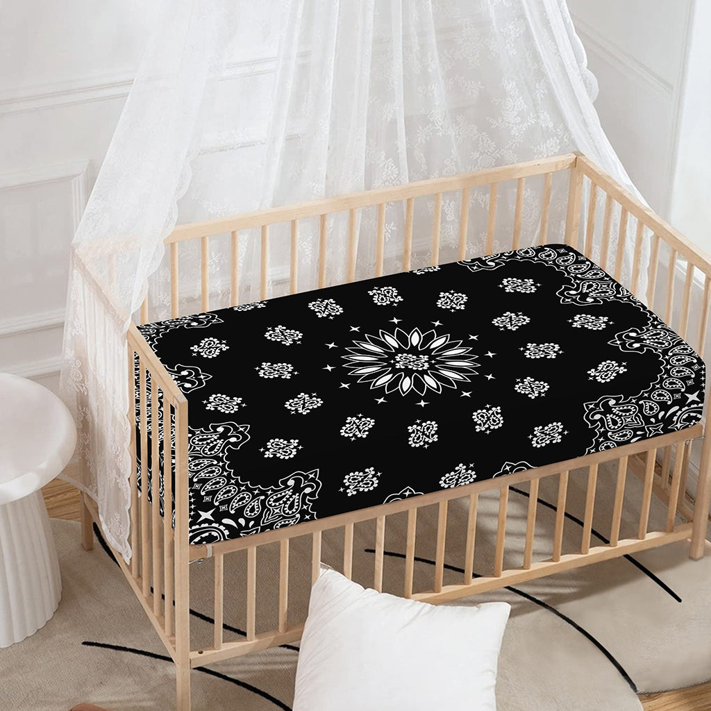 Black Paisley Bandana Print Baby Crib Sheet