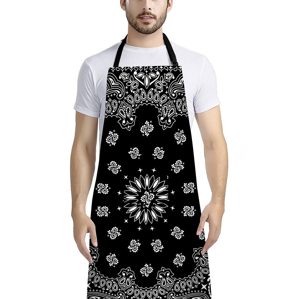 Black Paisley Bandana Print Bib Apron With Pocket