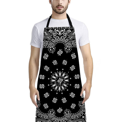 Black Paisley Bandana Print Bib Apron With Pocket