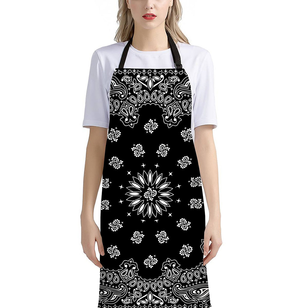Black Paisley Bandana Print Bib Apron With Pocket