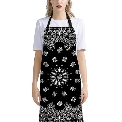 Black Paisley Bandana Print Bib Apron With Pocket