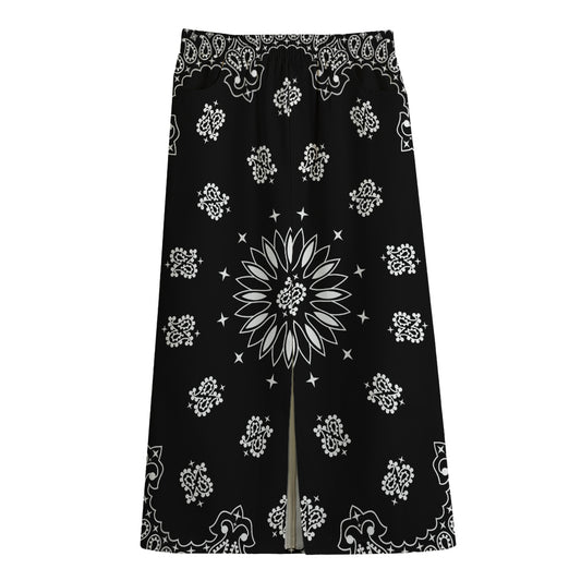 Black Paisley Bandana Print Cotton Front Slit Maxi Skirt