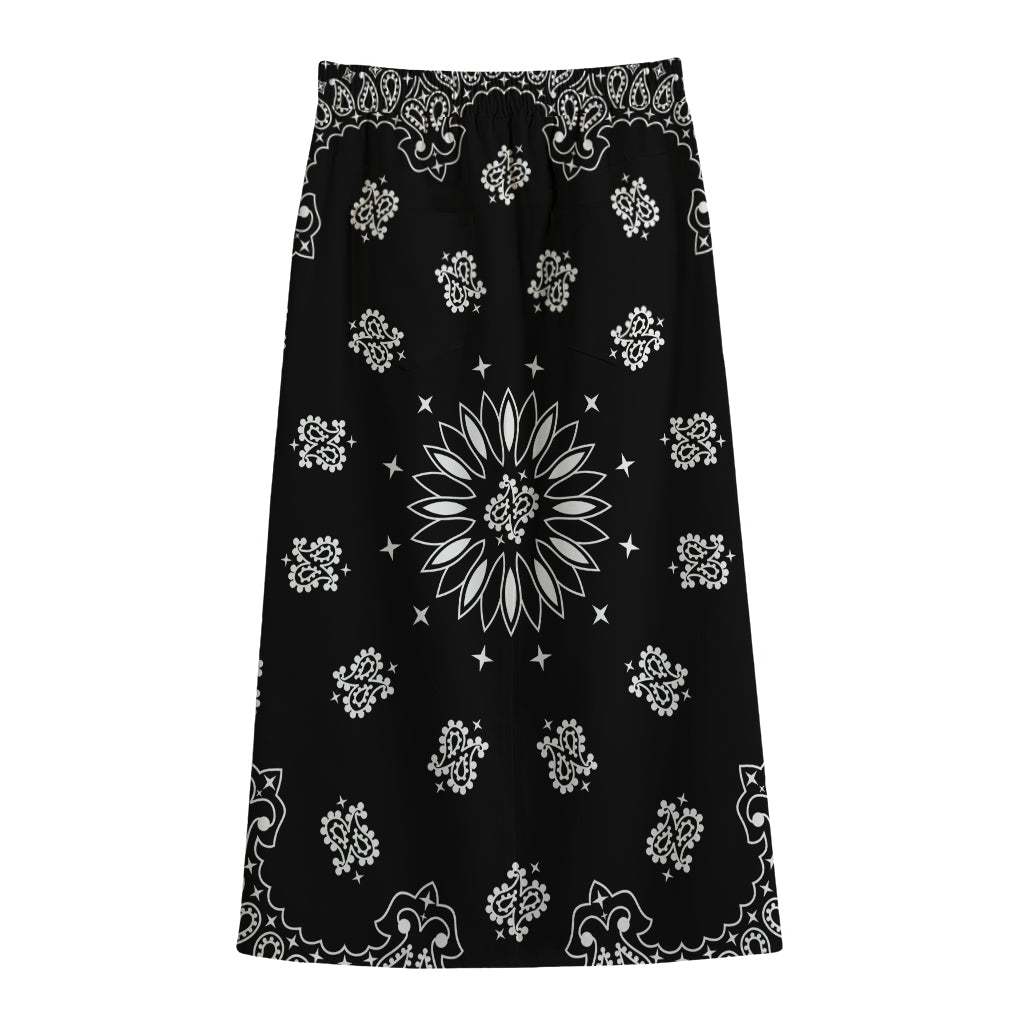 Black Paisley Bandana Print Cotton Front Slit Maxi Skirt