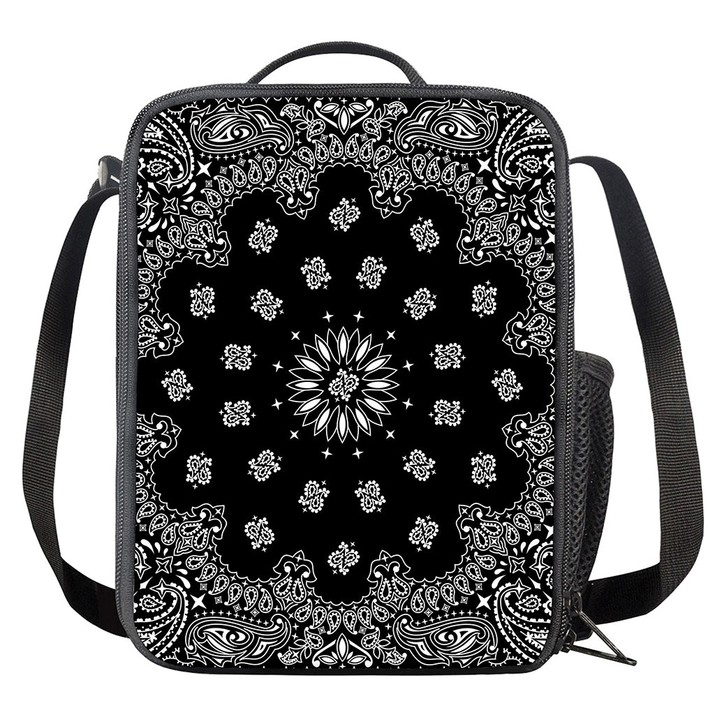 Black Paisley Bandana Print Crossbody Lunch Bag