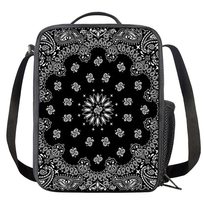 Black Paisley Bandana Print Crossbody Lunch Bag
