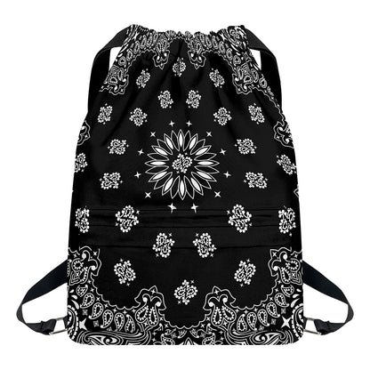 Black Paisley Bandana Print Drawstring Backpack