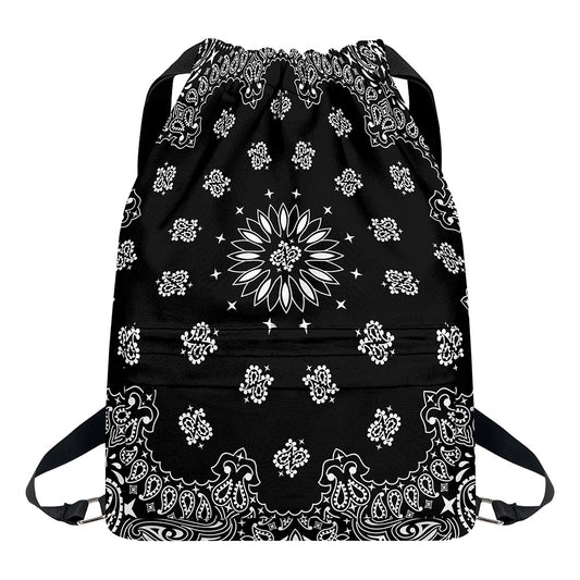Black Paisley Bandana Print Drawstring Backpack