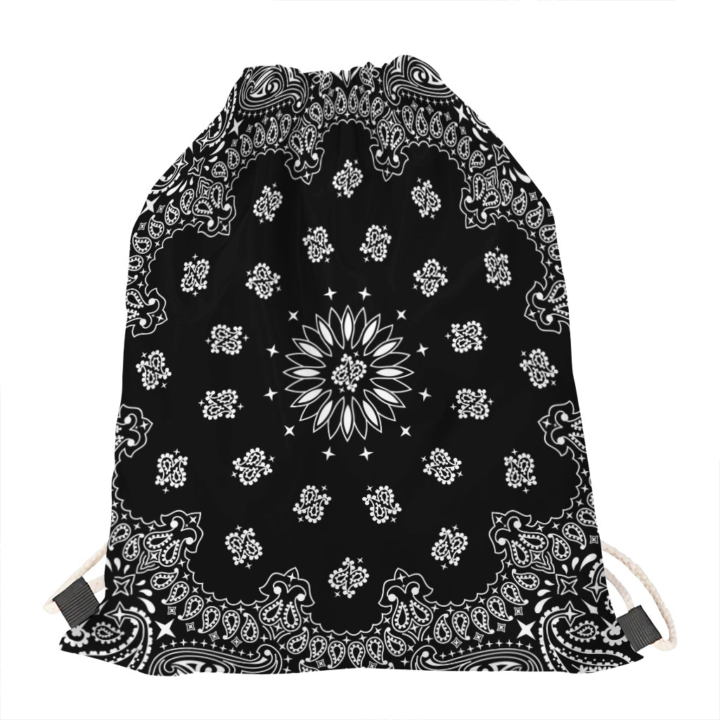 Black Paisley Bandana Print Drawstring Bag