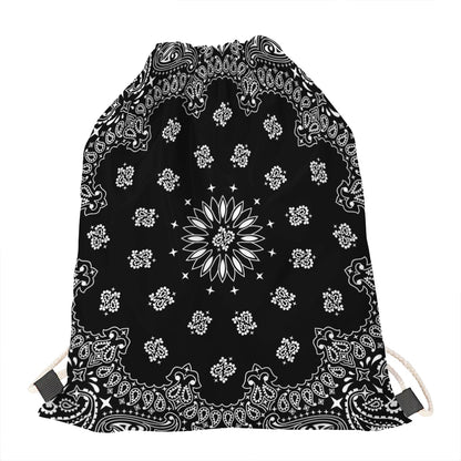 Black Paisley Bandana Print Drawstring Bag