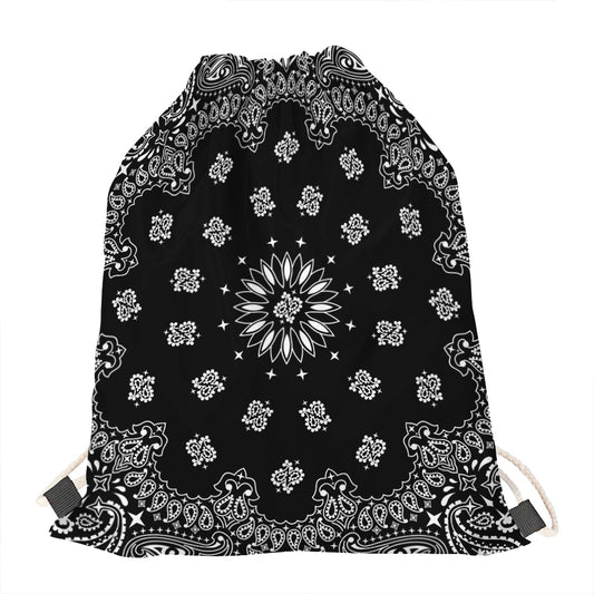 Black Paisley Bandana Print Drawstring Bag