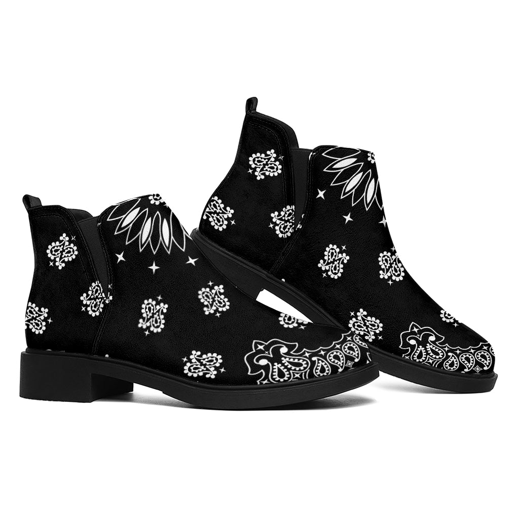 Black Paisley Bandana Print Flat Ankle Boots