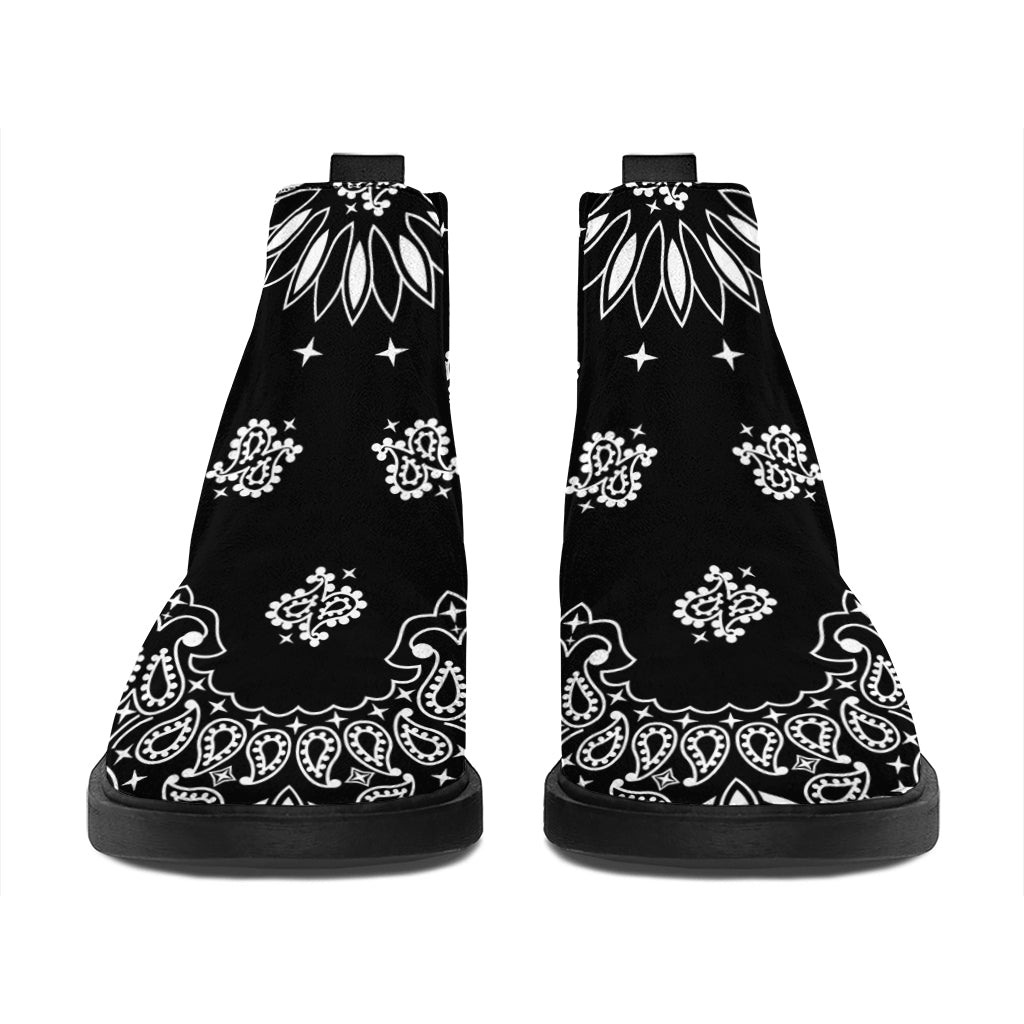 Black Paisley Bandana Print Flat Ankle Boots