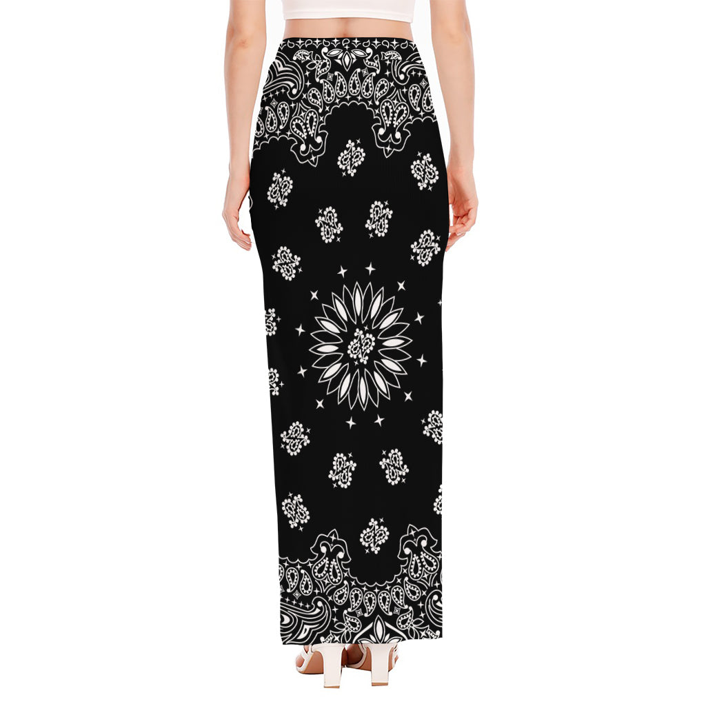 Black Paisley Bandana Print High Slit Maxi Skirt