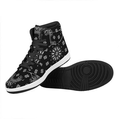 Black Paisley Bandana Print High Top Leather Sneakers