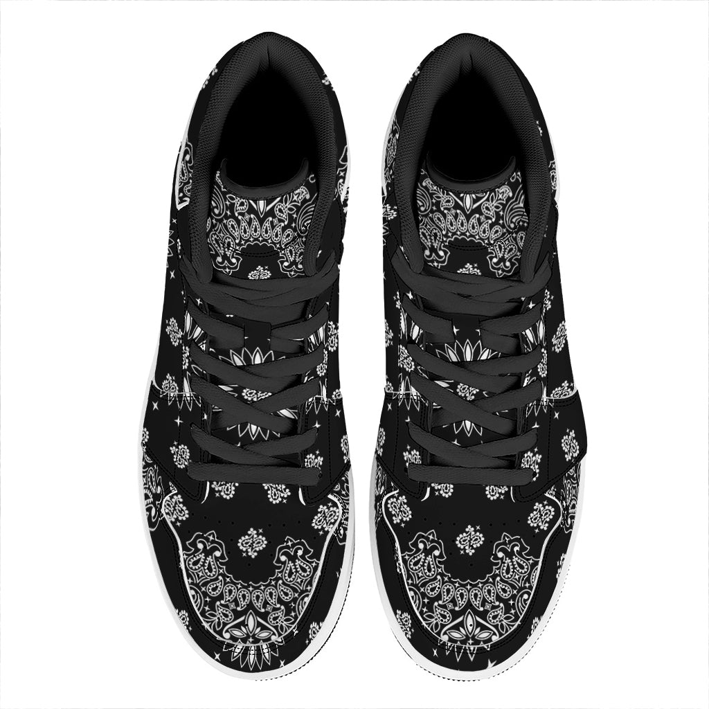 Black Paisley Bandana Print High Top Leather Sneakers