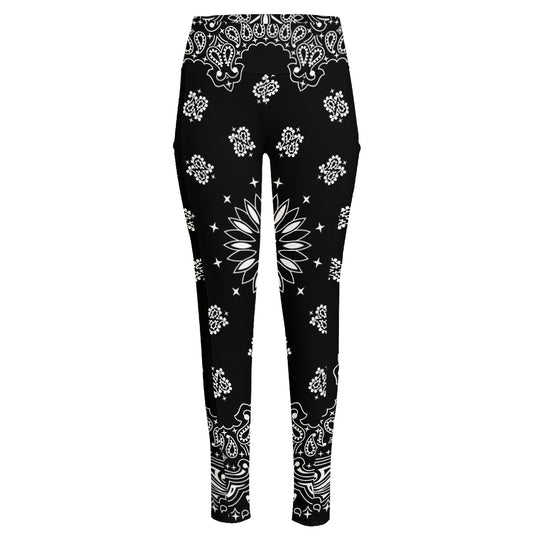 Black Paisley Bandana Print High-Waisted Pocket Leggings
