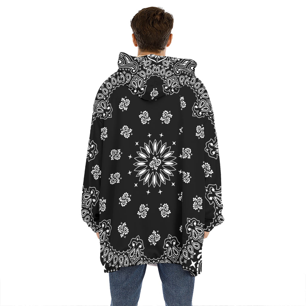 Black Paisley Bandana Print Hoodie Blanket