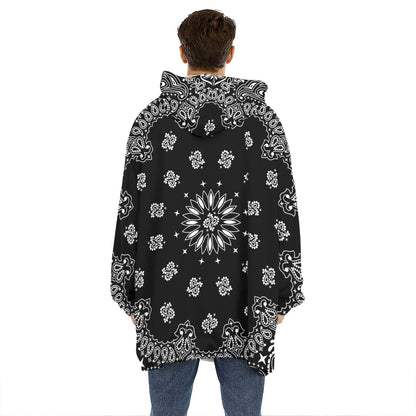 Black Paisley Bandana Print Hoodie Blanket