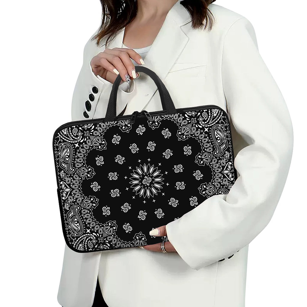 Black Paisley Bandana Print Laptop Sleeve With Handle