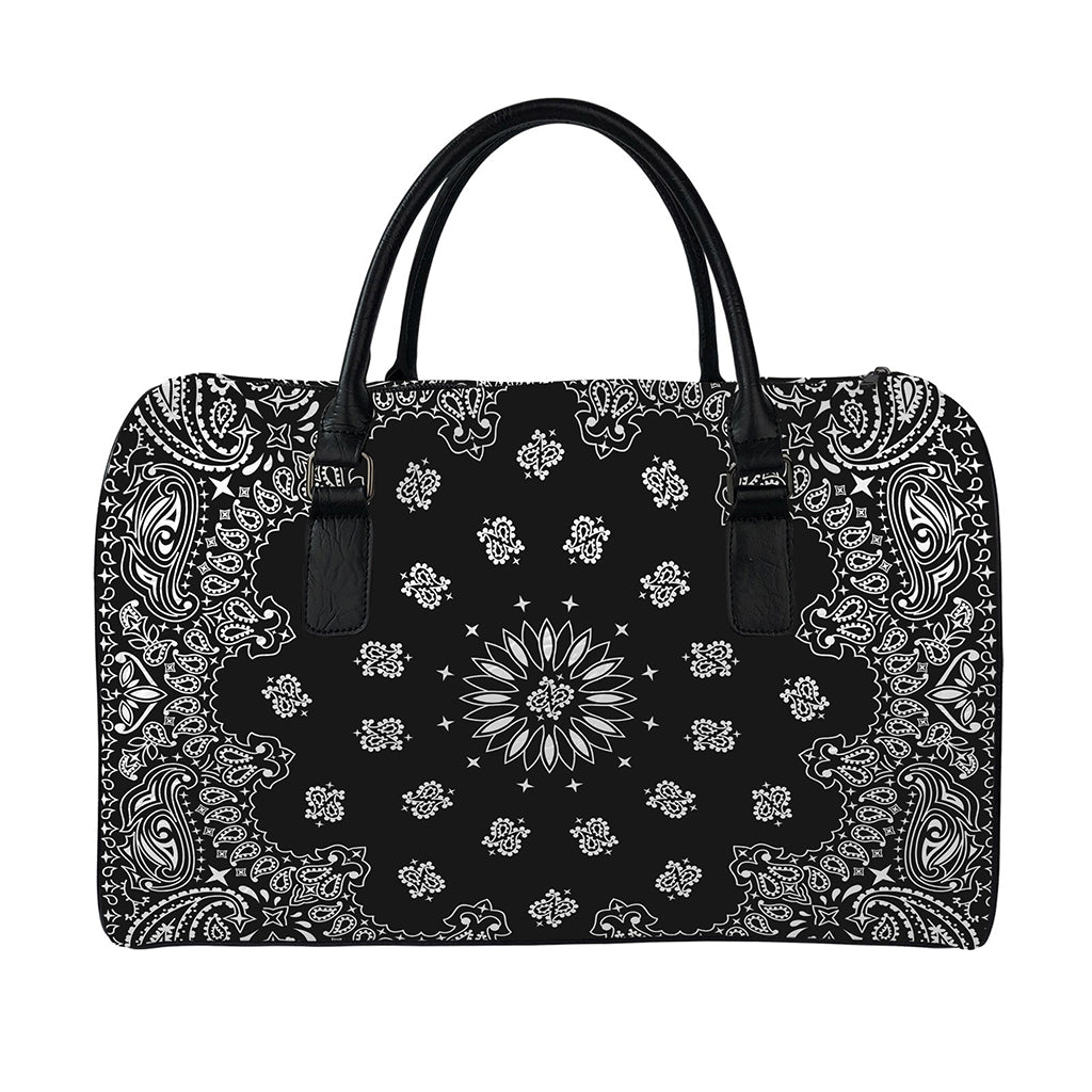 Black Paisley Bandana Print Leather Duffle Bag