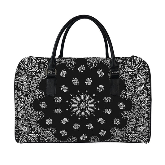 Black Paisley Bandana Print Leather Duffle Bag
