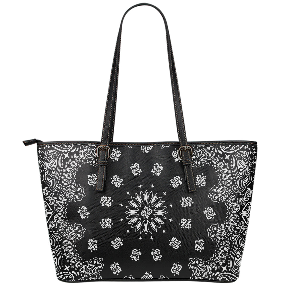 Black Paisley Bandana Print Leather Tote Bag