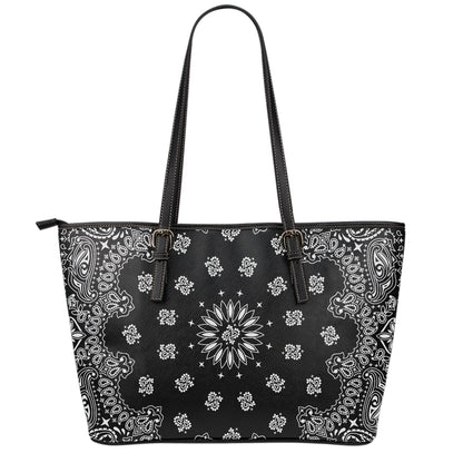 Black Paisley Bandana Print Leather Tote Bag